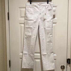 Good American good curve straight white raw edge button fly jeans